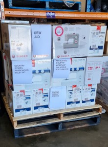 Pallet for 29 new sewing machines being shipped to Kiribati